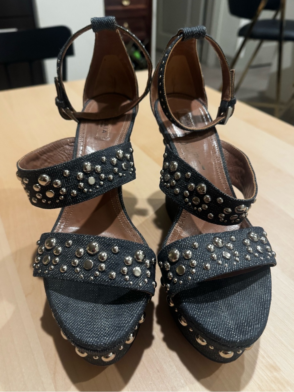Alaia Studded Denim Platform Sandals